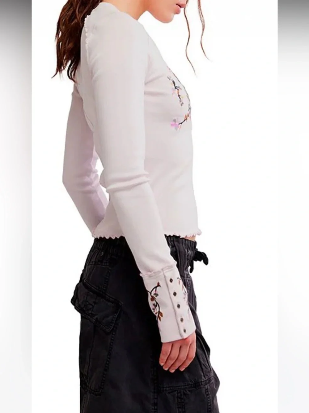 NWT🌷Free People Fleur Embroidered Henley Neck Long Sleeve Top